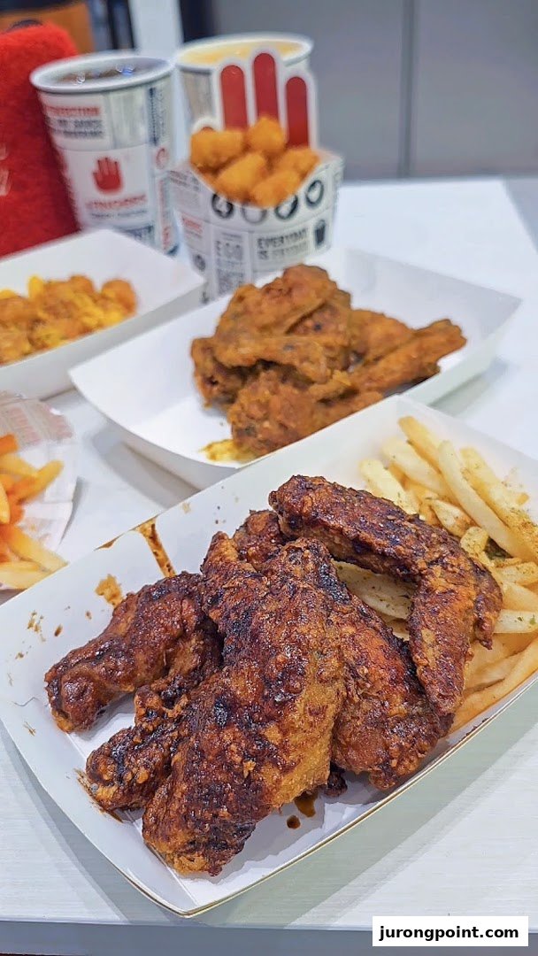 A table laden with crispy fried chicken wings, golden fries, and tater tots from 4Fingers Crispy Chicken.