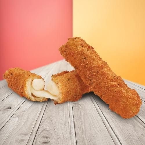 Two crispy mozzarella sticks, one broken open to reveal melted cheese, on a wooden surface.