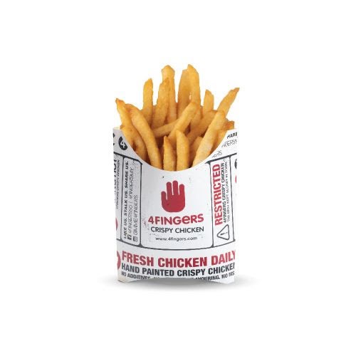 A serving of golden crispy fries in a branded 4Fingers Crispy Chicken container.