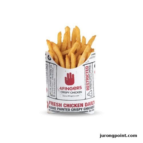 A serving of golden crispy fries in a branded 4Fingers Crispy Chicken container.