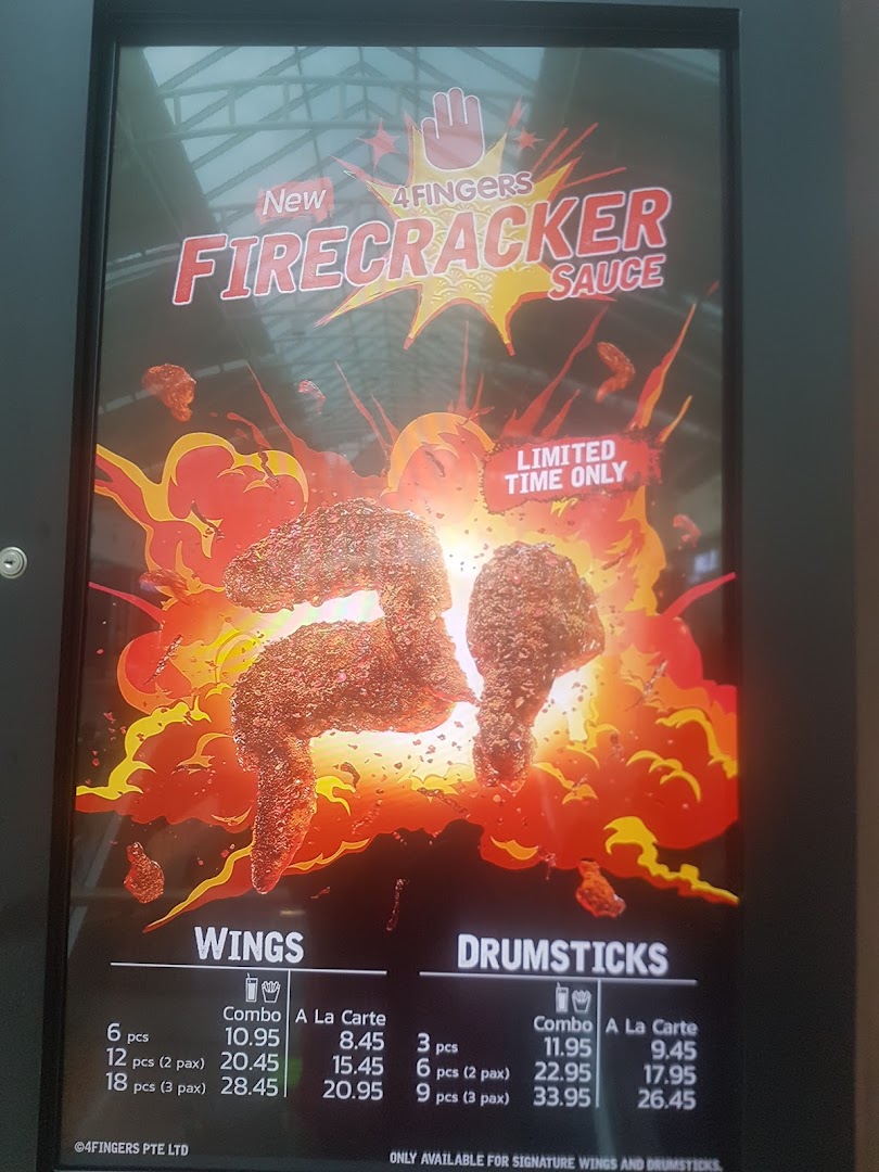 A menu board for 4Fingers Crispy Chicken showcasing their new Firecracker sauce and chicken items.