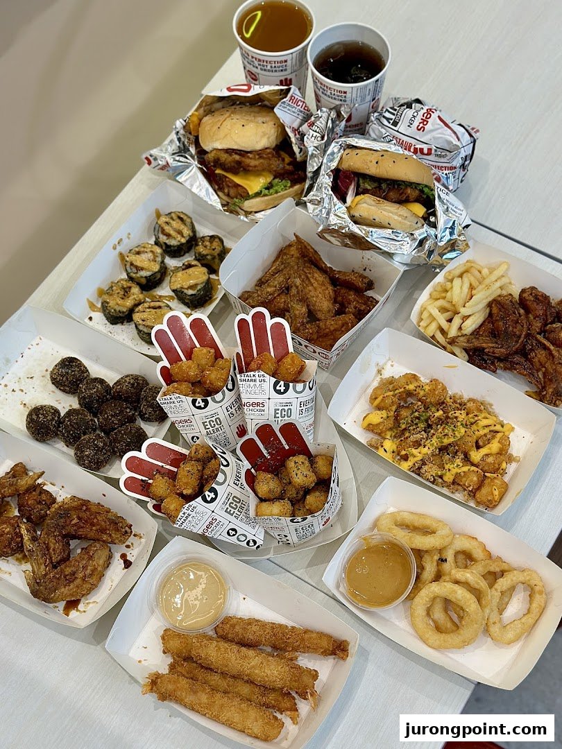 A table laden with a variety of crispy chicken, burgers, sides, and drinks from 4Fingers Crispy Chicken.