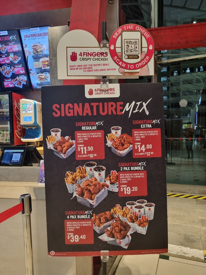A menu standee for 4Fingers Crispy Chicken, showcasing Signature Mix bundles and a QR code for ordering.