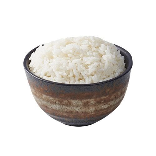 A bowl of fluffy white rice in a rustic ceramic bowl, isolated on a white background.