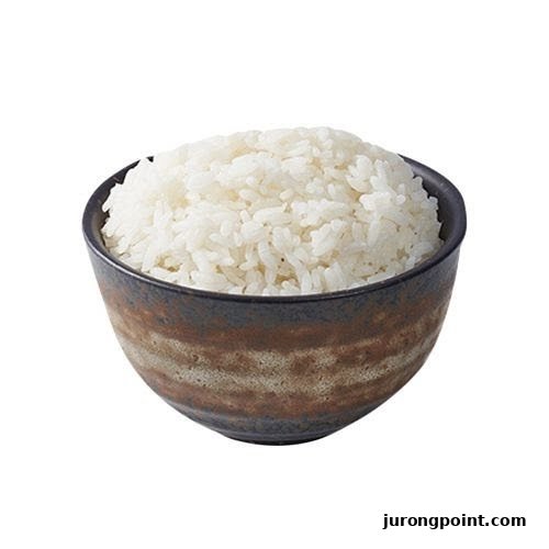 A bowl of fluffy white rice in a rustic ceramic bowl, isolated on a white background.