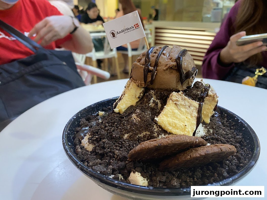 A delicious chocolate ice cream dessert with cookie crumbs and cake pieces from Andersens of Denmark.