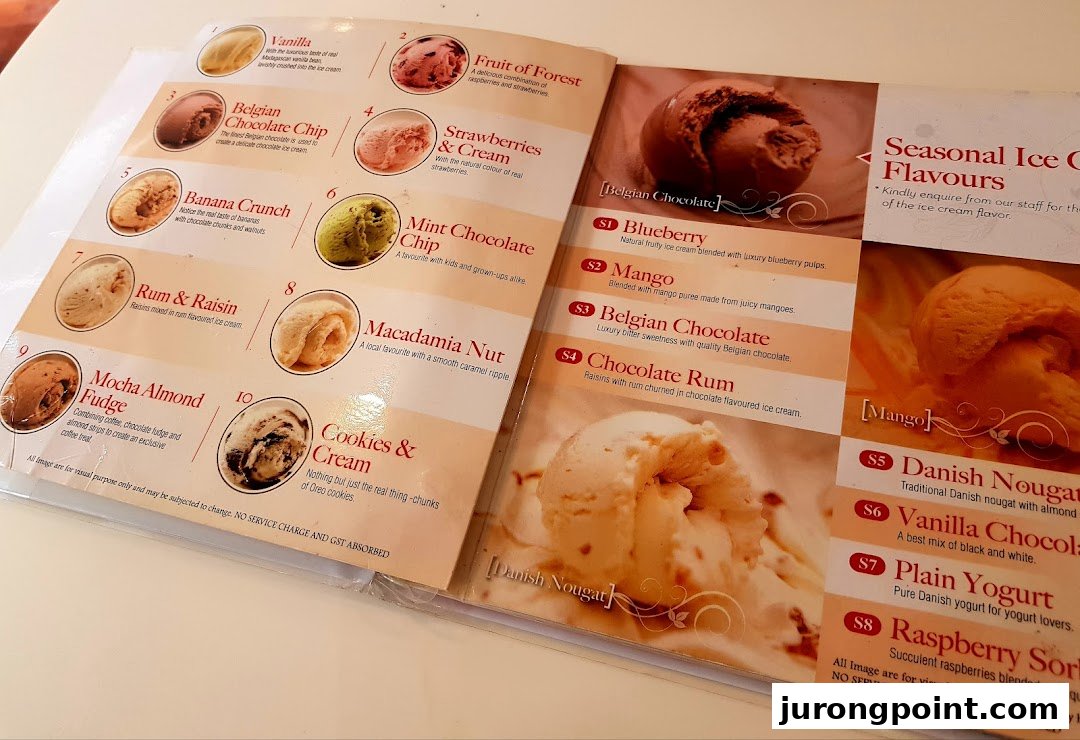 A detailed view of Andersens of Denmark's ice cream menu, showcasing various flavors and descriptions.