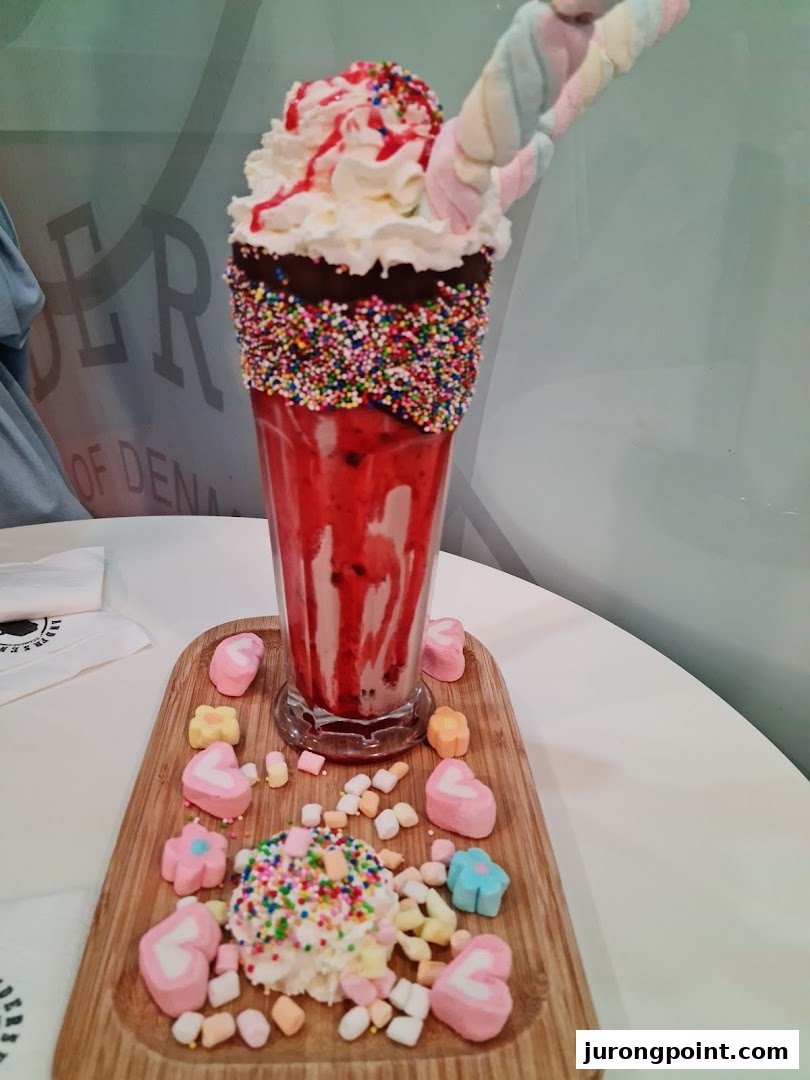 A vibrant, heavily decorated milkshake with whipped cream, sprinkles, and marshmallows served on a wooden tray.