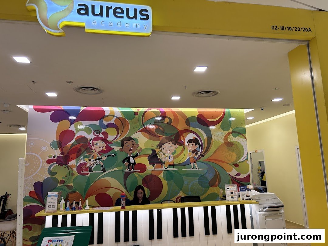 Vibrant reception area of Aureus Academy, featuring a piano-themed counter and colorful musical artwork.