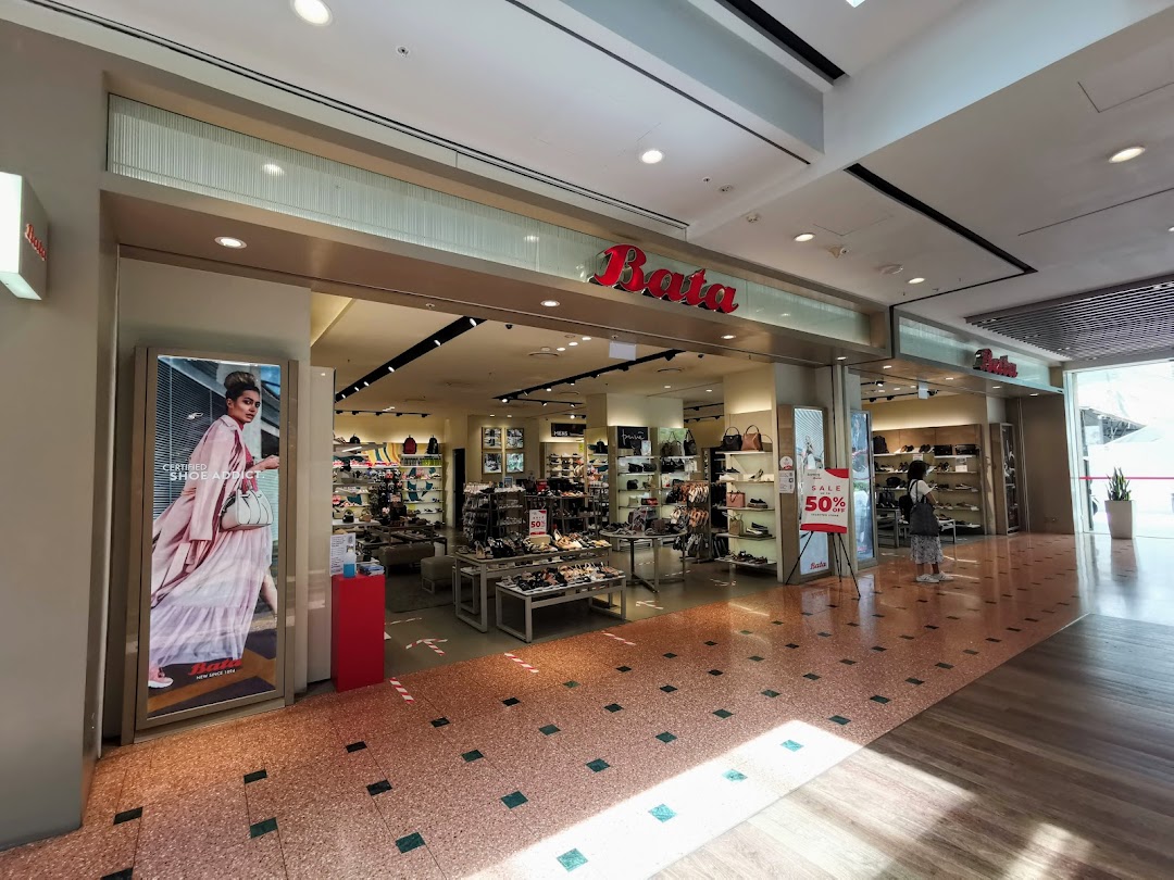 The inviting entrance of a Bata footwear store, showcasing a wide range of shoes and accessories.