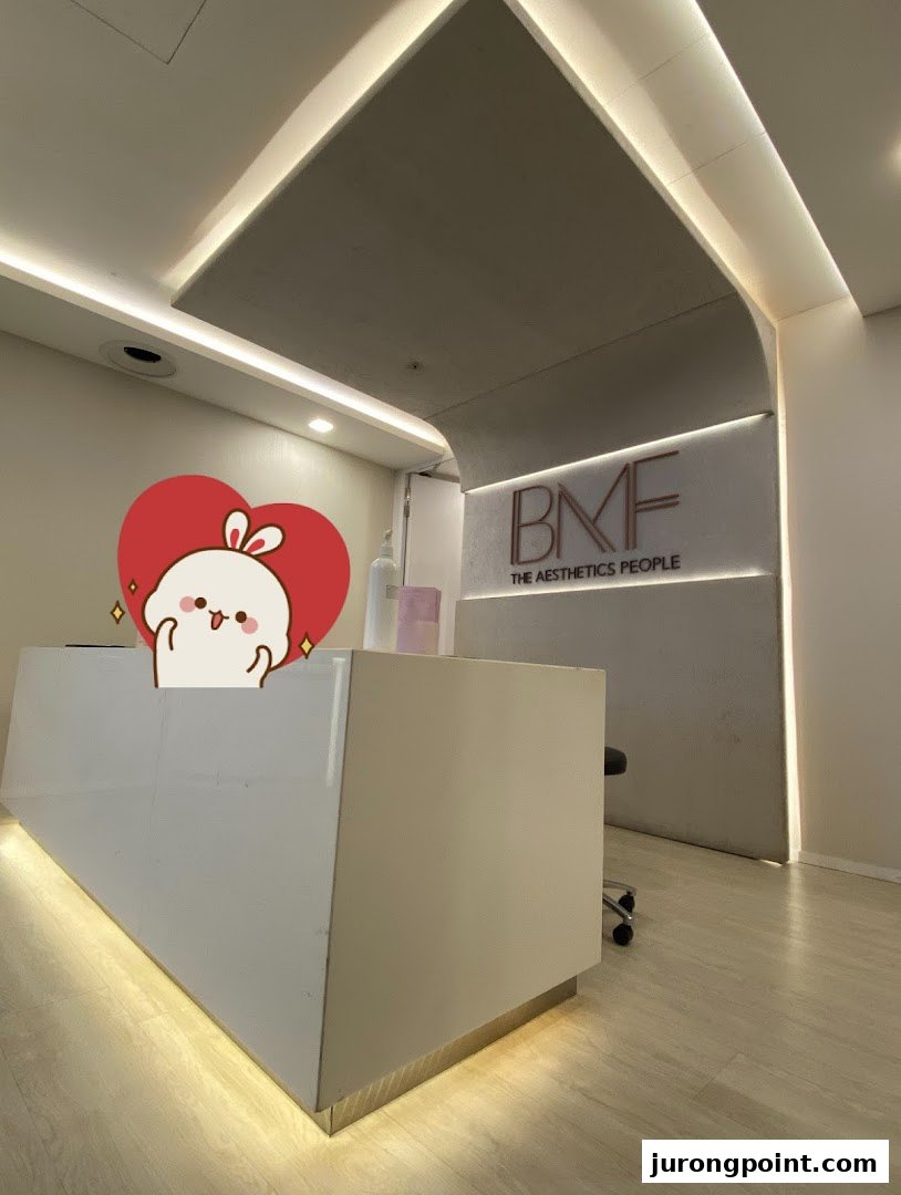 Interior view of BMF - The Aesthetics People reception area with a modern desk and logo.