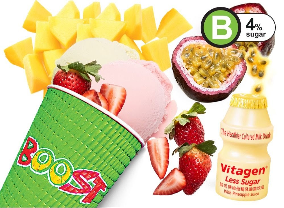 A vibrant collage of fresh fruits, ice cream/sorbet, a Boost Juice cup, and a Vitagen drink.