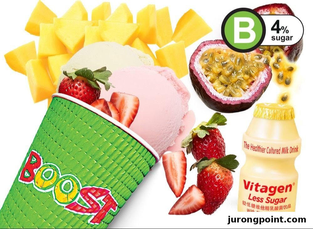 A vibrant collage of fresh fruits, ice cream/sorbet, a Boost Juice cup, and a Vitagen drink.