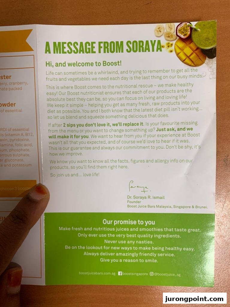 A Boost Juice brochure featuring a message from the founder and the brand's promise to customers.