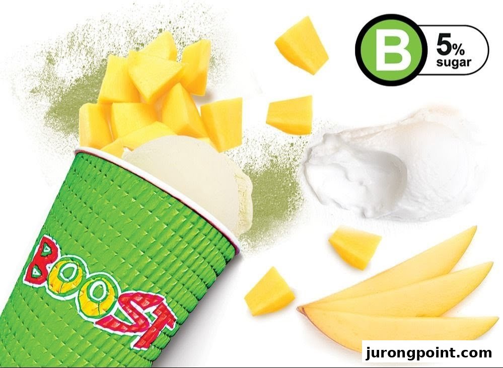 A vibrant Boost Juice cup overflowing with fresh mango pieces and creamy ingredients, highlighting a low sugar option.