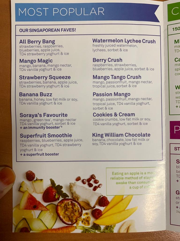 A close-up view of Boost Juice's 'Most Popular' menu section, featuring a variety of fruit smoothies and crushes.