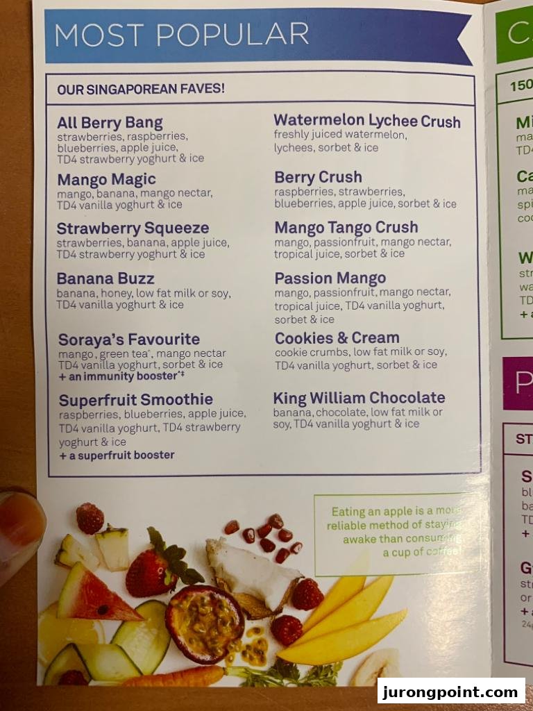 A close-up view of Boost Juice's 'Most Popular' menu section, featuring a variety of fruit smoothies and crushes.
