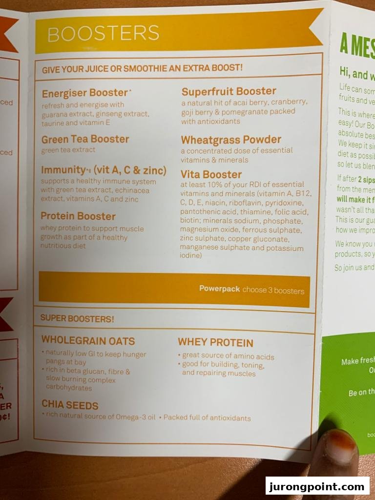 A close-up of Boost Juice's menu detailing various juice and smoothie boosters.
