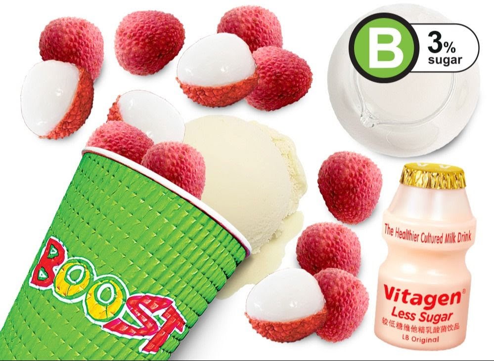 A vibrant image showcasing fresh lychees, a scoop of ice cream, a Vitagen drink, and a Boost Juice cup.