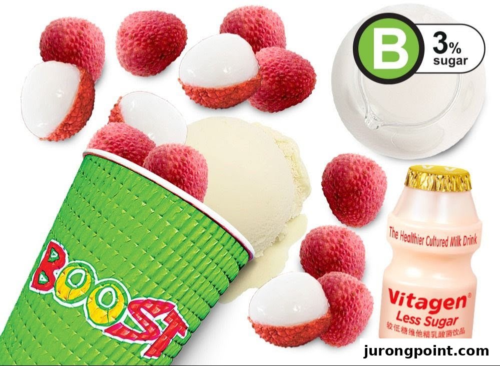 A vibrant image showcasing fresh lychees, a scoop of ice cream, a Vitagen drink, and a Boost Juice cup.