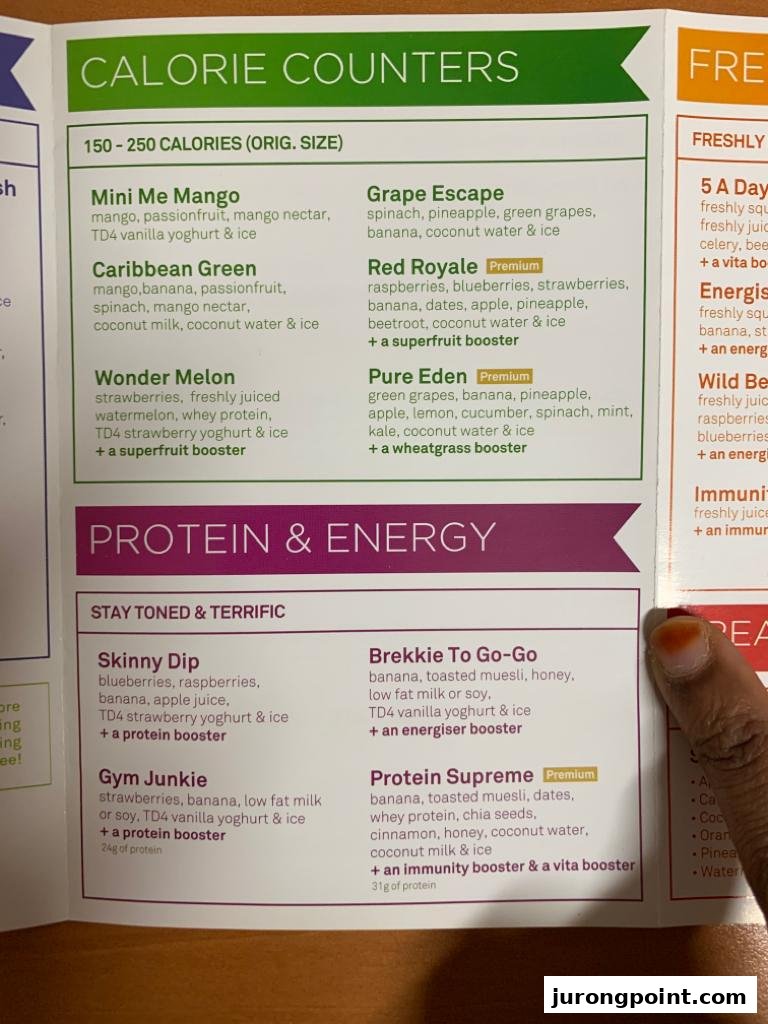 A detailed menu displaying various healthy juice and smoothie options from Boost Juice, categorized by calorie and protein content.