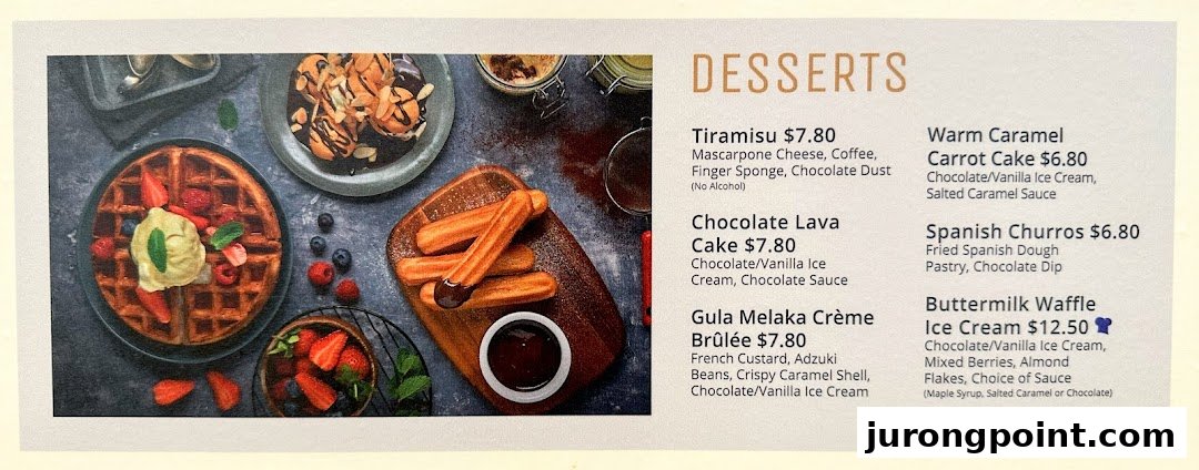 A dessert menu from Brio, featuring waffles, churros, and cakes with prices.