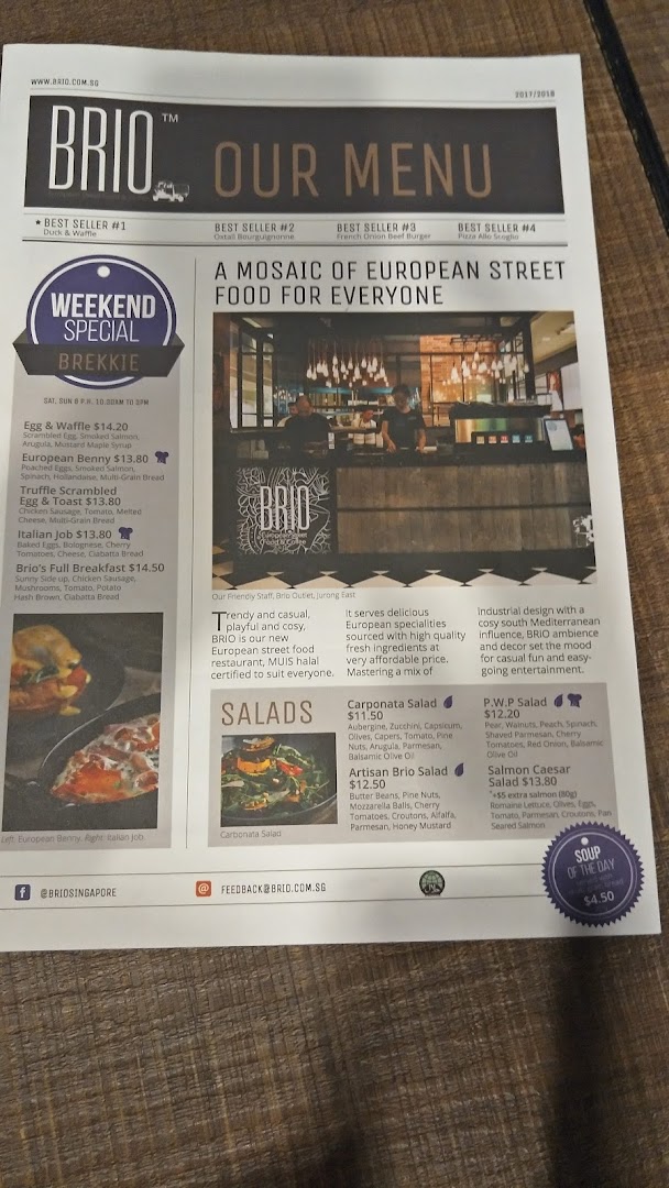 A detailed menu for Brio, featuring European street food, breakfast specials, and salads.