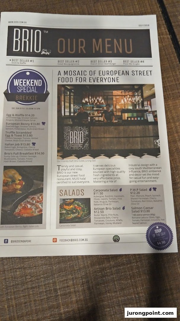 A detailed menu for Brio, featuring European street food, breakfast specials, and salads.