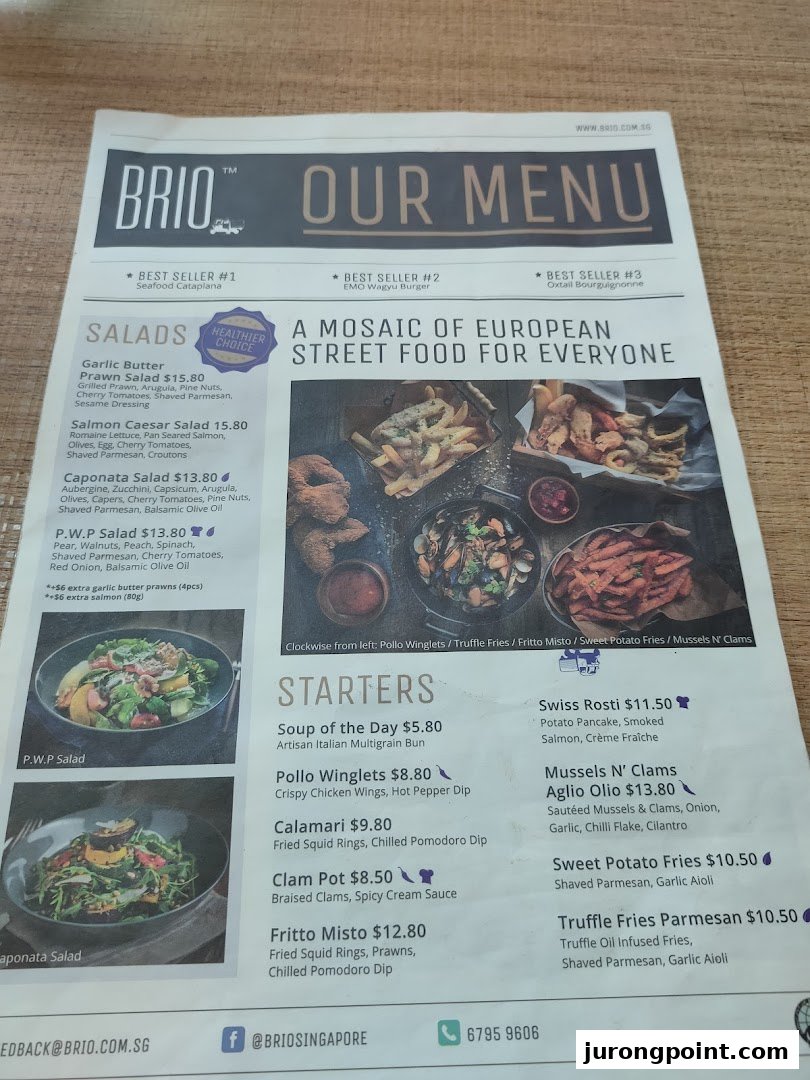 A detailed menu from Brio, showcasing a variety of European street food, salads, and starters.
