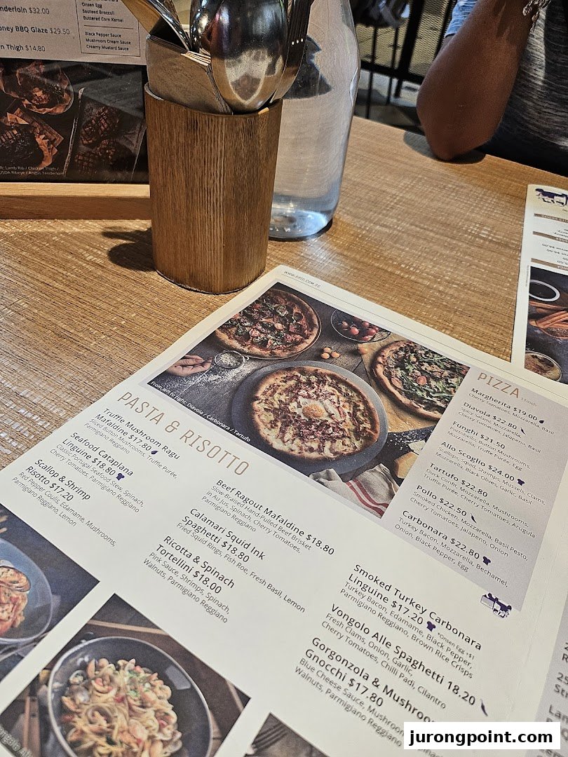 A close-up view of a restaurant menu displaying pasta, risotto, and pizza dishes with prices.