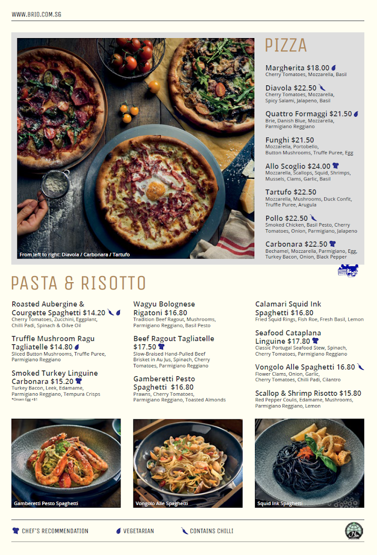 A detailed menu featuring pizzas, pastas, and risottos with prices and descriptions.