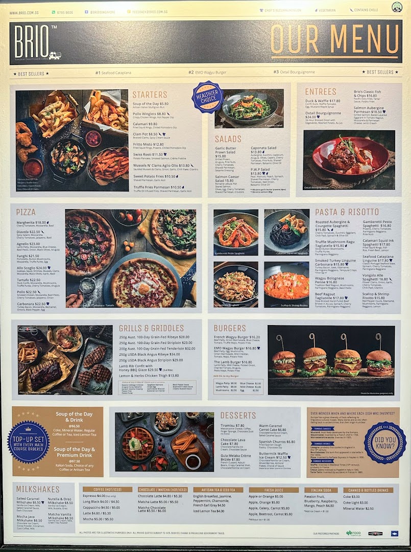 A detailed menu board for Brio restaurant, showcasing a variety of Italian and Western dishes.
