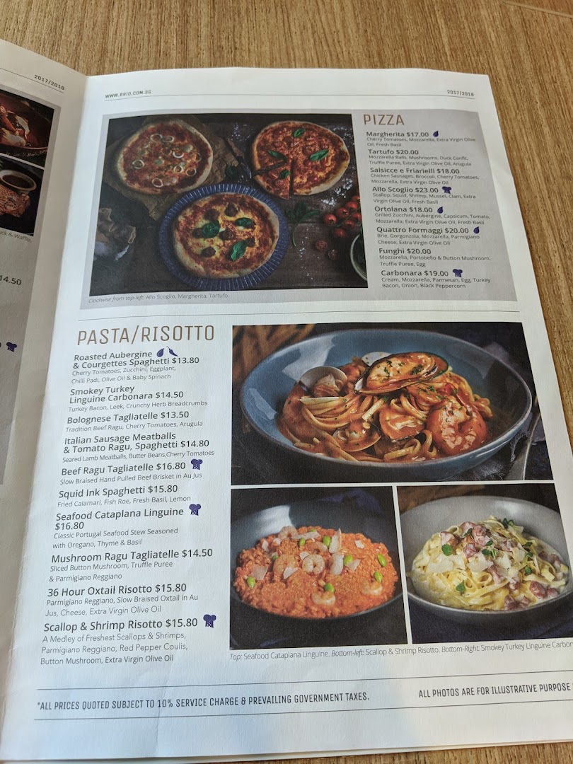 A detailed menu page from Brio, showcasing a variety of pizzas, pastas, and risottos.