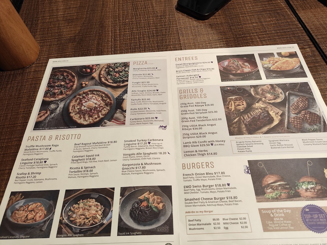 A detailed menu from Brio restaurant, showcasing a variety of Italian and Western dishes.