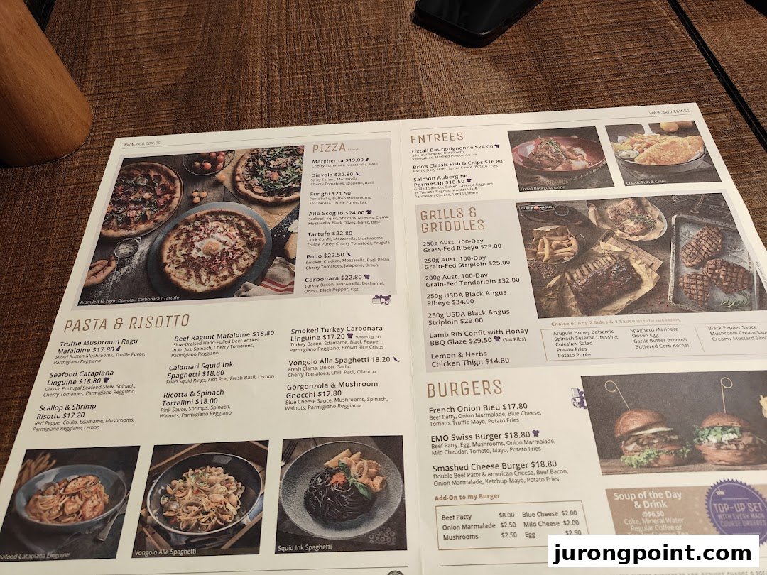 A detailed menu from Brio restaurant, showcasing a variety of Italian and Western dishes.