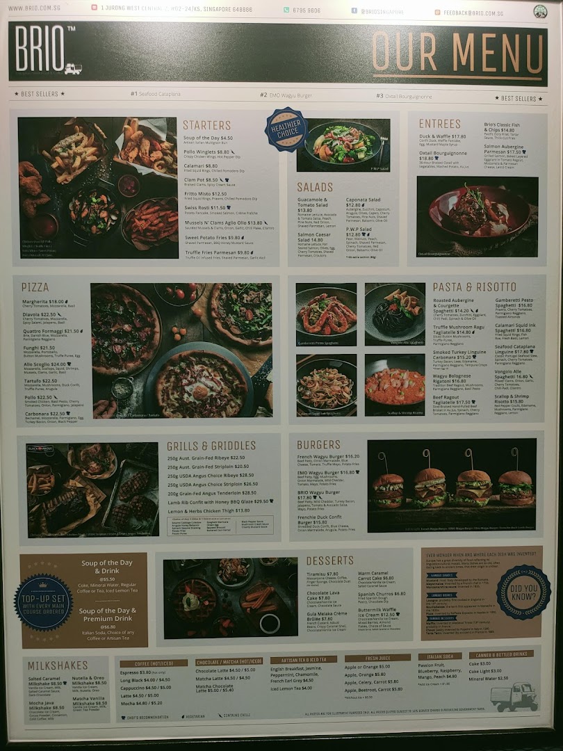 A comprehensive menu board for Brio restaurant, showcasing a wide array of dishes and beverages.
