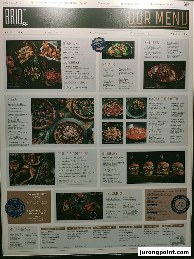 A comprehensive menu board for Brio restaurant, showcasing a wide array of dishes and beverages.