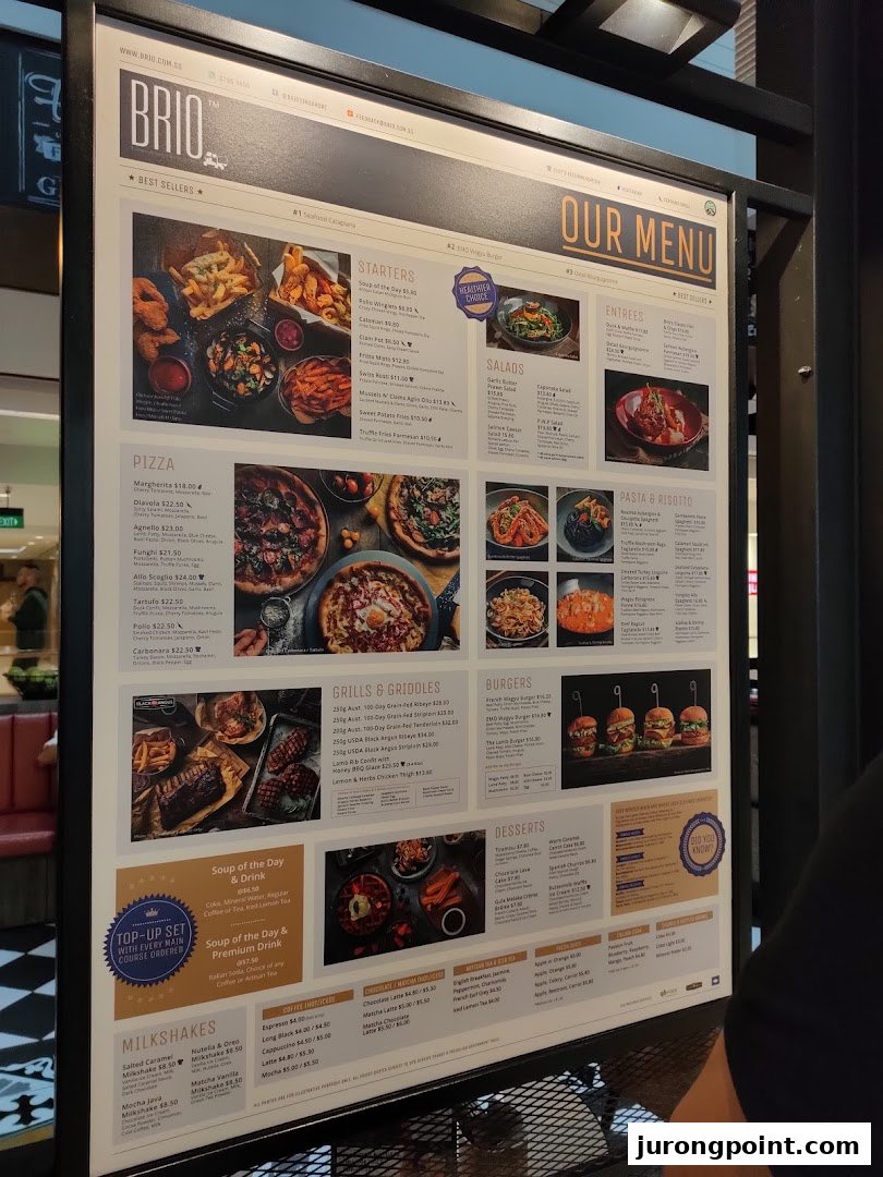 A detailed menu board for Brio restaurant, showcasing a variety of Italian and Western dishes.