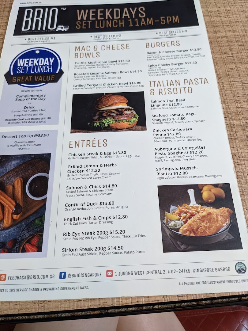 A detailed menu from Brio restaurant, showcasing various dishes, prices, and set lunch options.