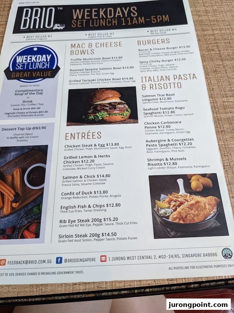 A detailed menu from Brio restaurant, showcasing various dishes, prices, and set lunch options.