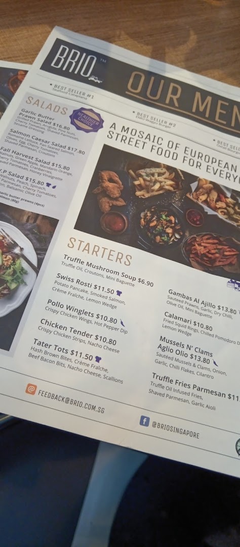 A close-up view of Brio's menu, showcasing salads and starters with prices and descriptions.