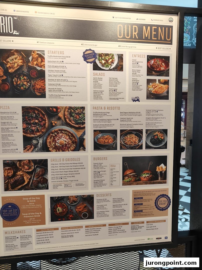 A brightly lit display board showcasing Brio's extensive food and drink menu with various categories.
