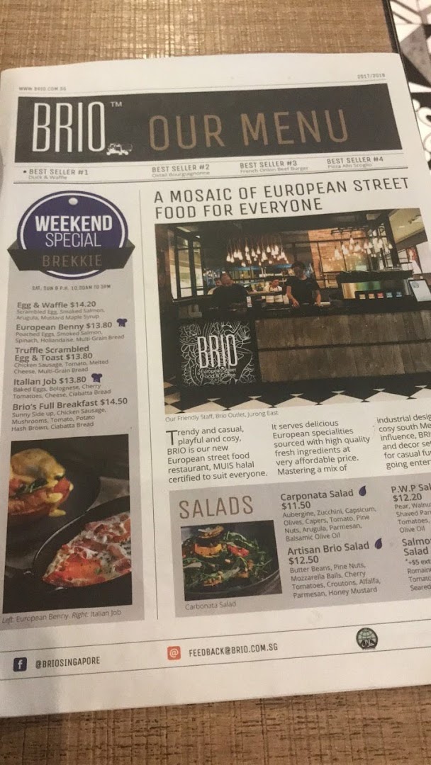 A detailed menu from Brio, showcasing European street food and breakfast specials.