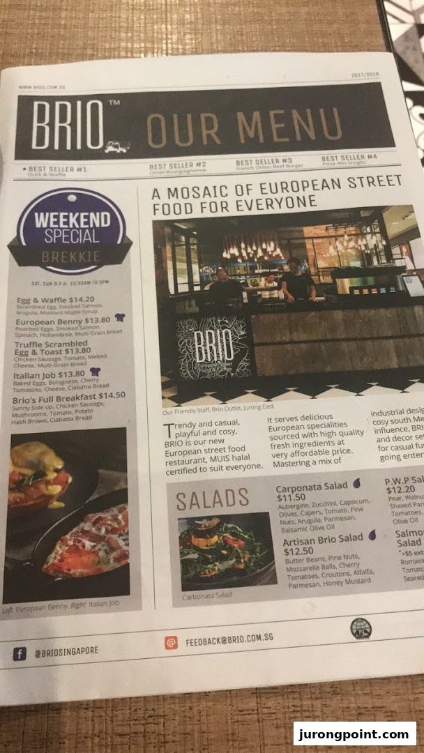 A detailed menu from Brio, showcasing European street food and breakfast specials.