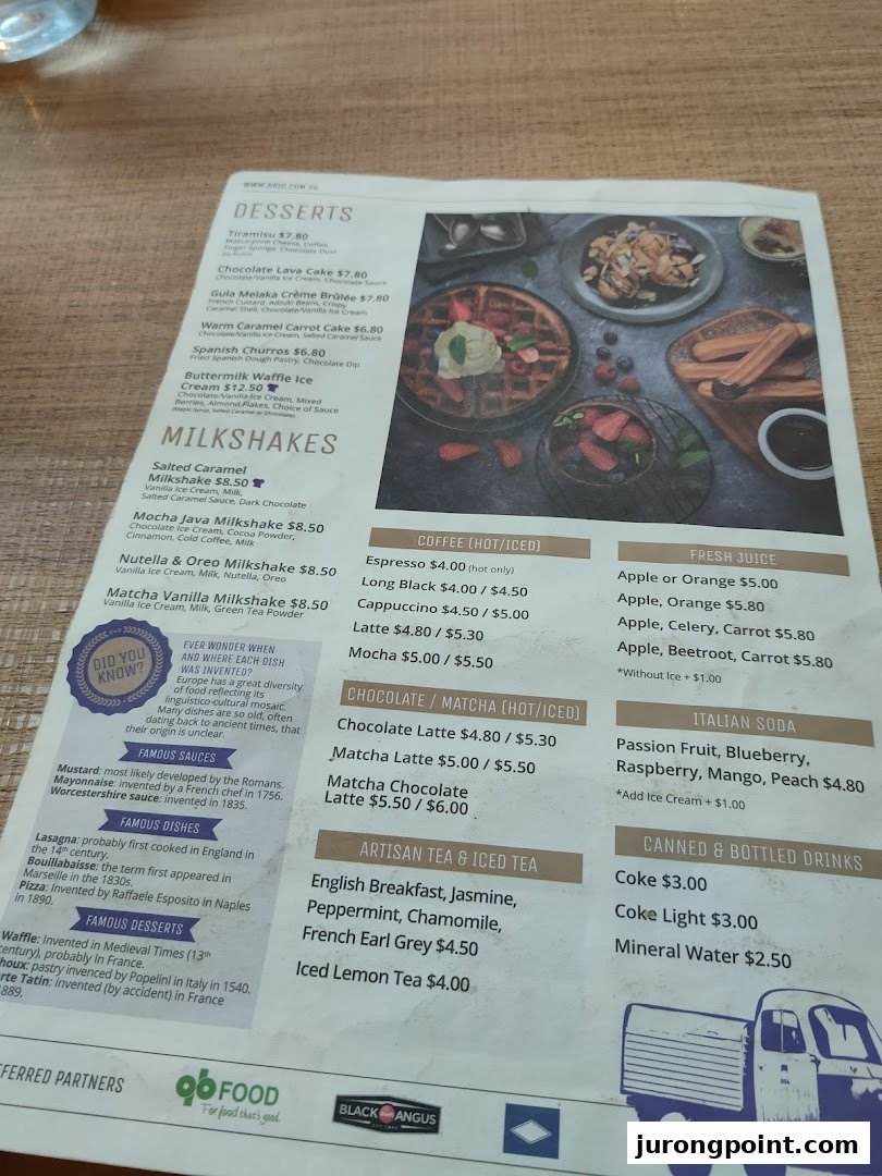 A detailed menu from Brio, showcasing desserts, milkshakes, coffees, teas, juices, and sodas.