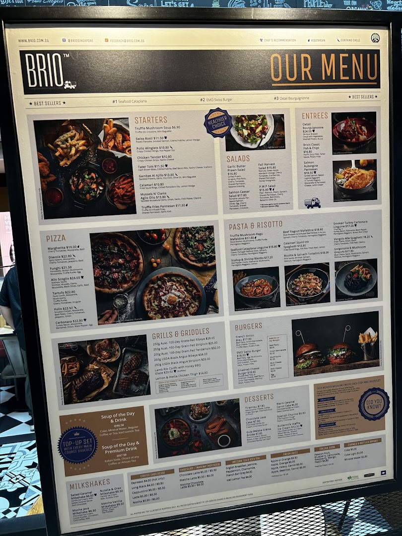 A brightly lit menu board for Brio restaurant, displaying a wide range of Italian-inspired dishes and drinks.