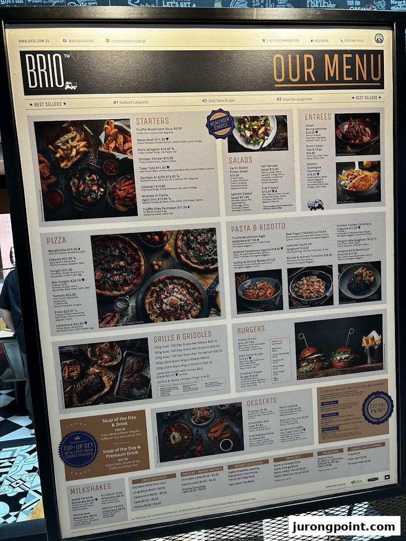 A brightly lit menu board for Brio restaurant, displaying a wide range of Italian-inspired dishes and drinks.