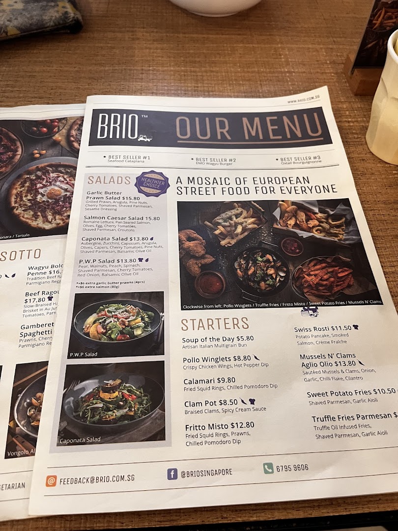 A detailed view of Brio's menu, showcasing European street food, salads, and starters.