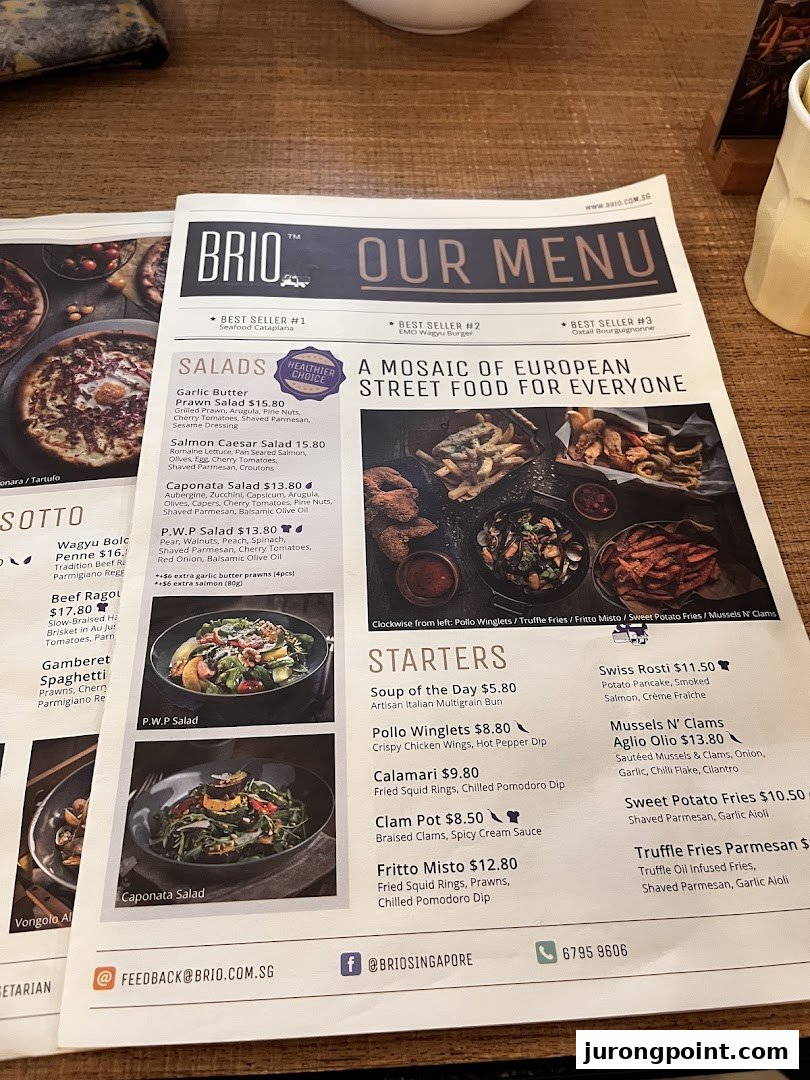 A detailed view of Brio's menu, showcasing European street food, salads, and starters.
