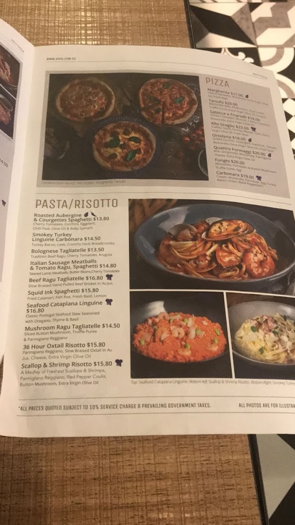 A detailed menu page from Brio, showcasing a variety of pizzas, pastas, and risottos.